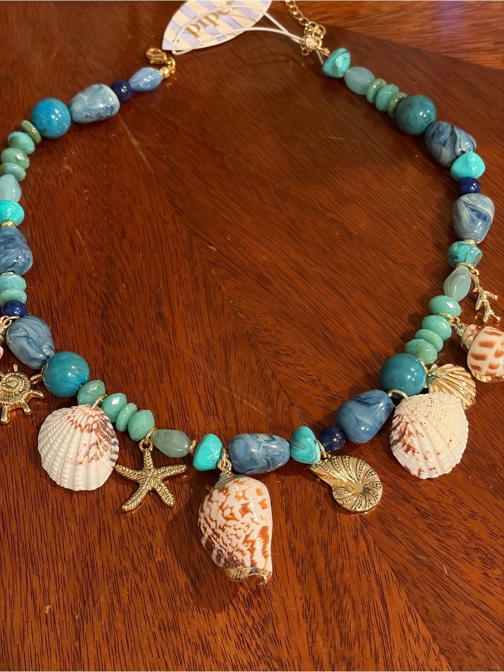 Turquoise Bead Shell Charm Necklace with Gold Accents - Women Jewelry - Picture 3 of 8
